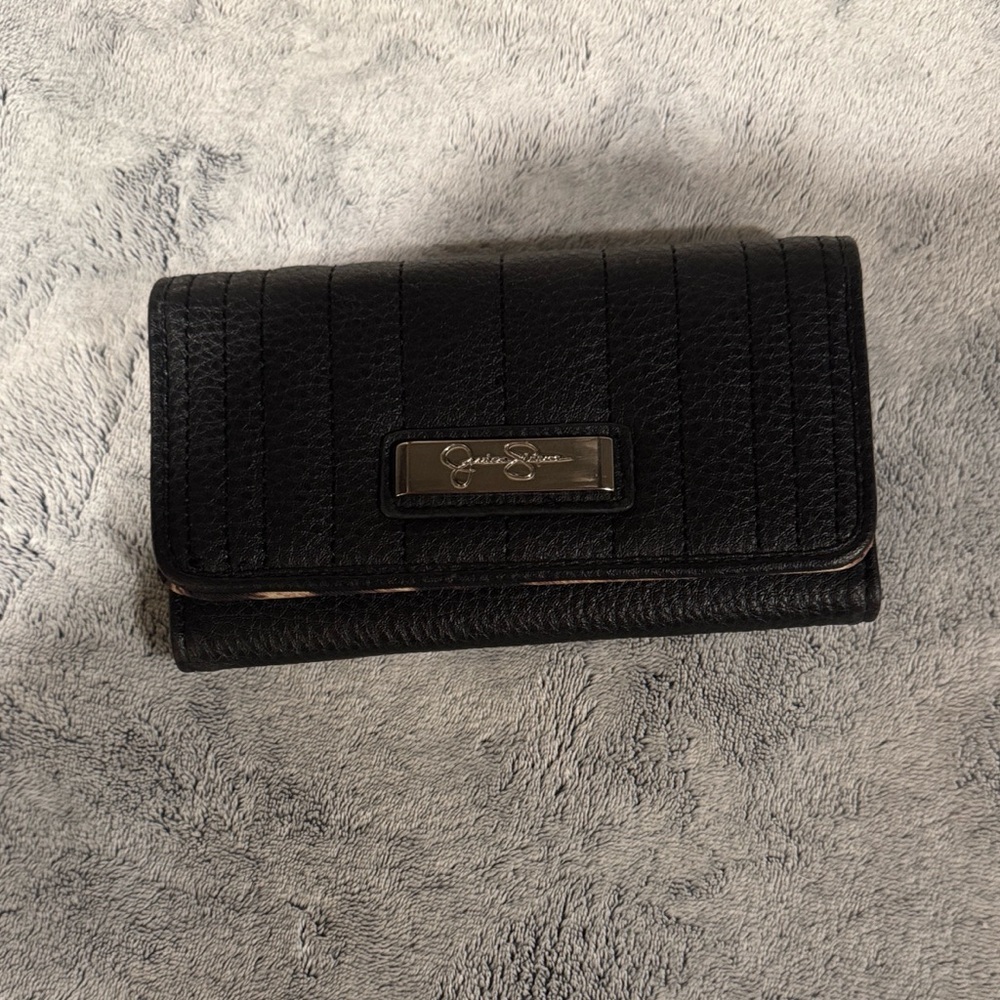 Jessica Simpson Black Pebbled Leather Flap Wallet - Leopard Print Liner